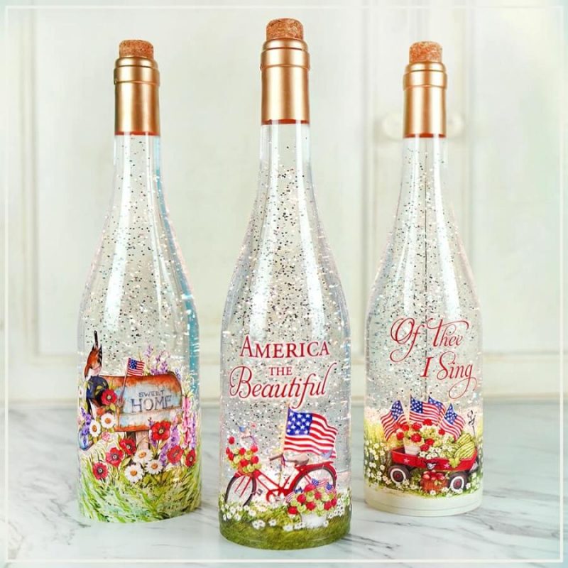 America The Beautiful Lighted Wine Bottle Water Lantern  |  Patriotic