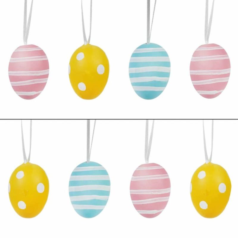 Bagged Yellow, Pink & Blue Striped & Dotted Easter Egg Ornaments Set/8  |  Easter