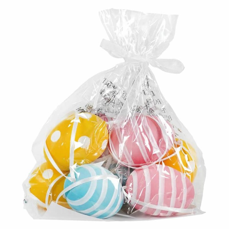 Bagged Yellow, Pink & Blue Striped & Dotted Easter Egg Ornaments Set/8  |  Easter