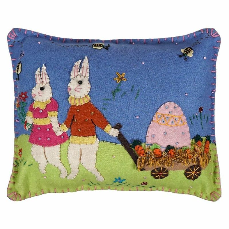 Blue Pillow With Rabbits Trailed Off By Egg  |  Easter