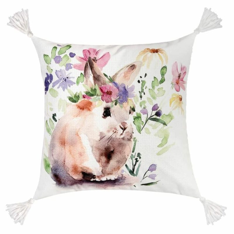 Brown Bunny Flowers Pillow  |  Easter