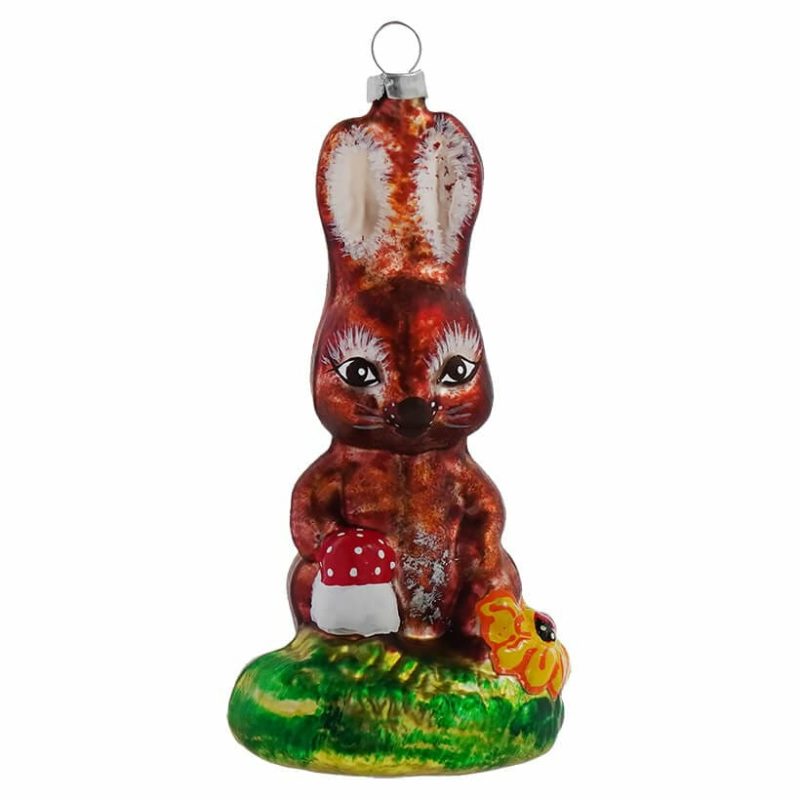 Brown Bunny With Mushroom & Ladybug Ornament  |  Easter