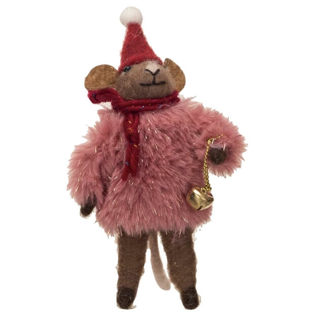 Brown Wool Felt Christmas Mouse With Faux Fur Sweater  |  Christmas