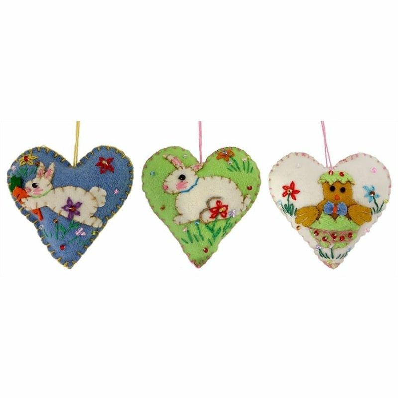 Bunnies & Chick Heart Ornaments Set/3  |  Easter