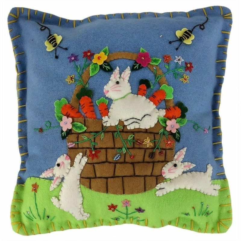 Bunnies With Basket Of Carrots Pillow  |  Easter