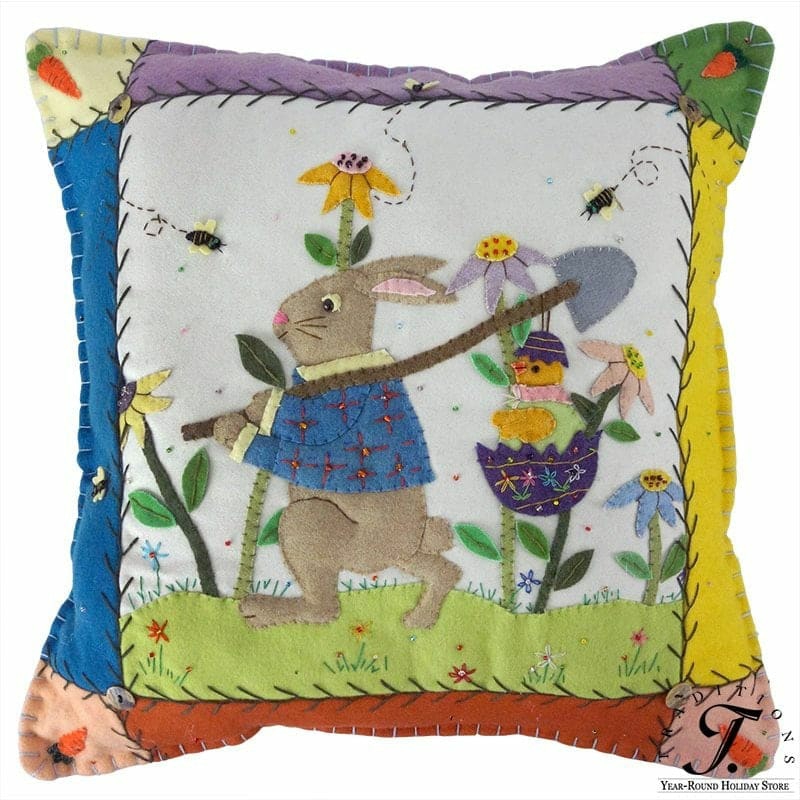 Bunny With Bunnies In Wheelbarrow Pillow  |  Easter