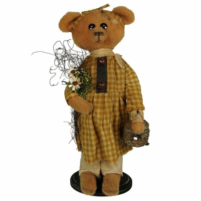 Claire Bear In Plaid Dress Holding Flowers & Beehive  |  Easter