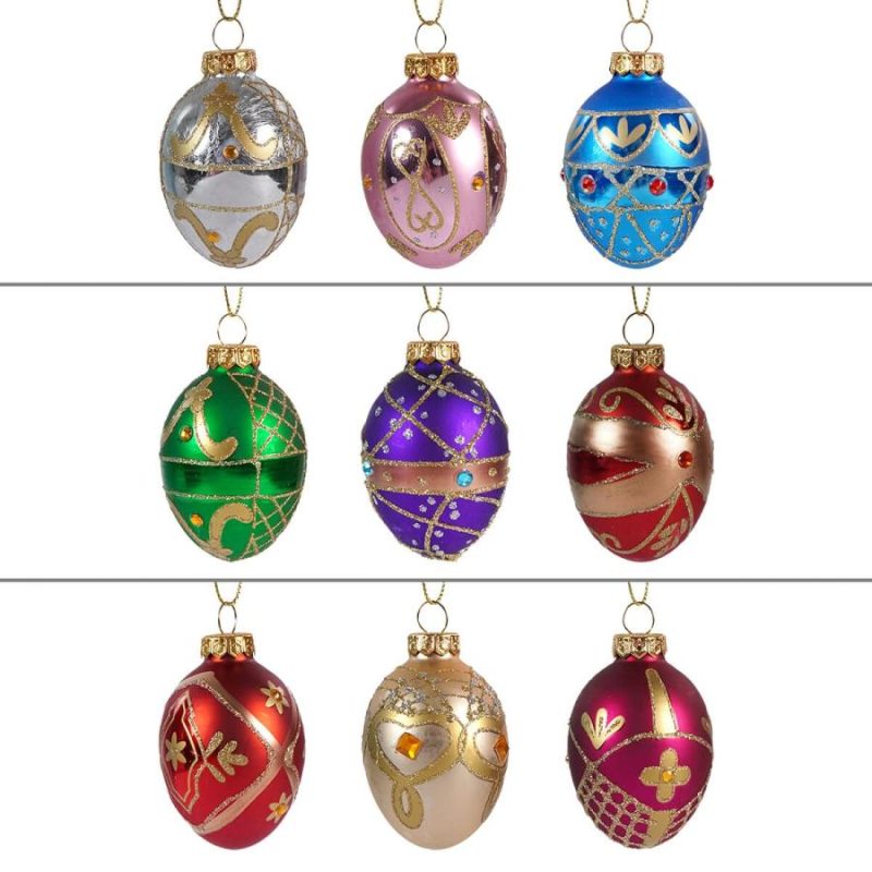 Gold Glitter & Gem Embellished Glass Egg Ornaments Box Set/9  |  Easter