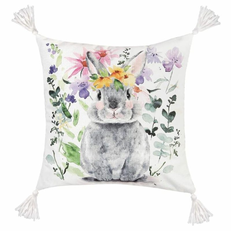 Gray Bunny Flowers Pillow  |  Easter