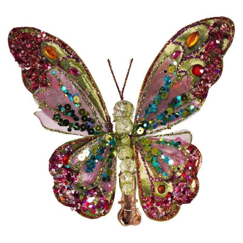 Green Multicolored Jeweled & Glittered Butterfly Clip Ornament  |  Easter