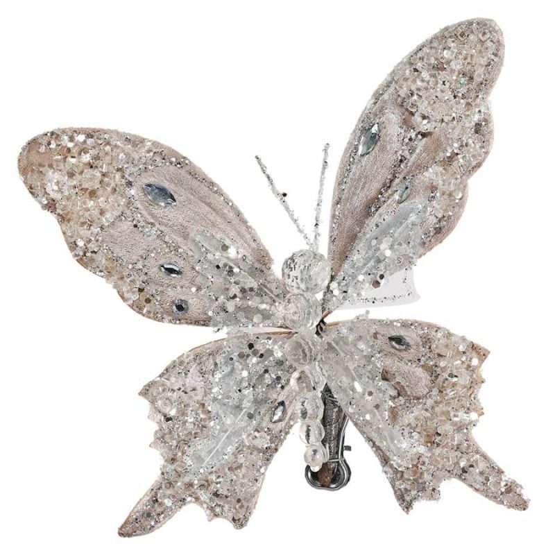 Icy Platinum Glittered & Jeweled Butterfly Clip Ornament  |  Easter