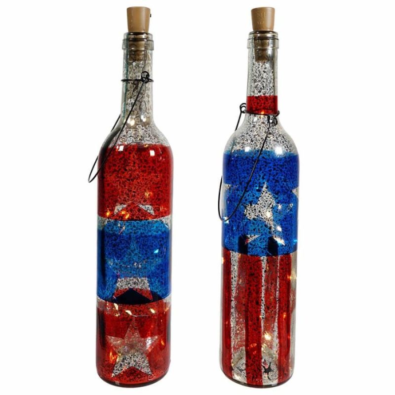 Lighted Americana Mercury Glass Bottles Set/2  |  Patriotic