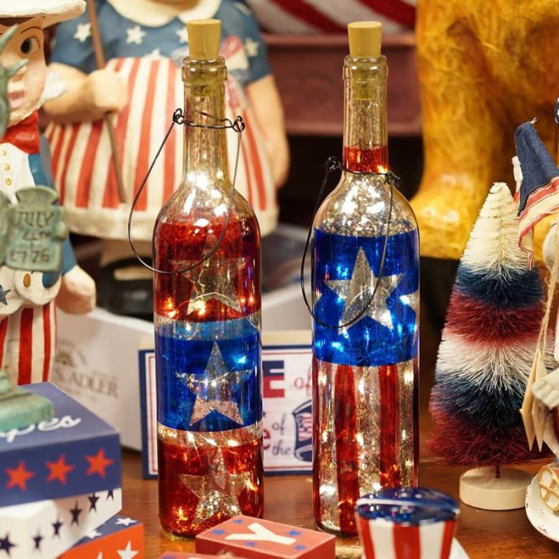 Lighted Americana Mercury Glass Bottles Set/2  |  Patriotic