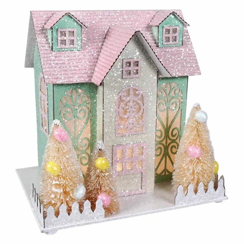 Lighted Green & Pink Pastel Easter House  |  Easter