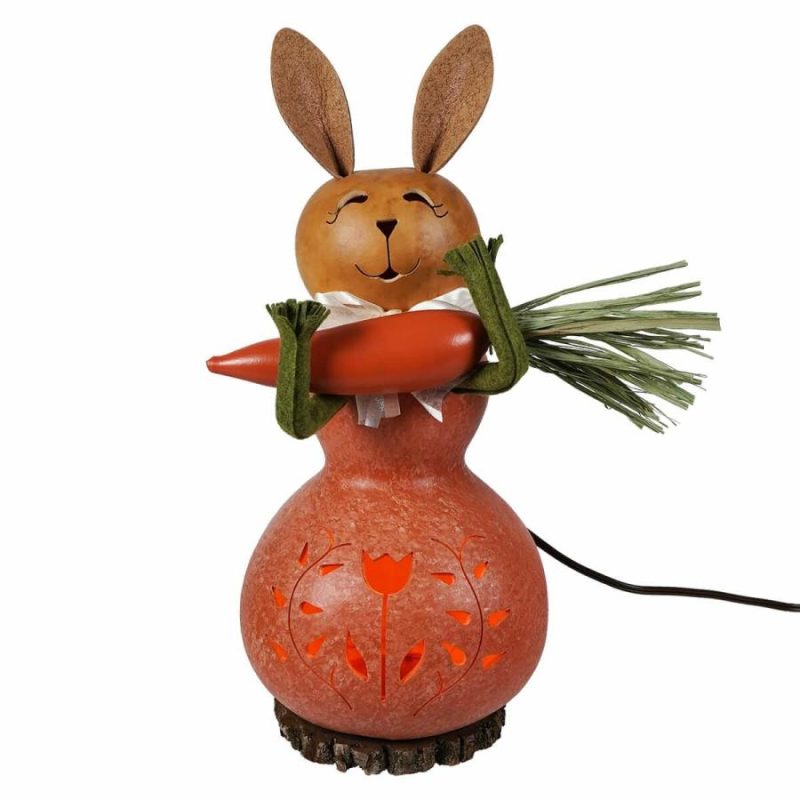 Lighted Orange Willow Bunny Gourd With Tulip Cutout Holding Carrot  |  Easter