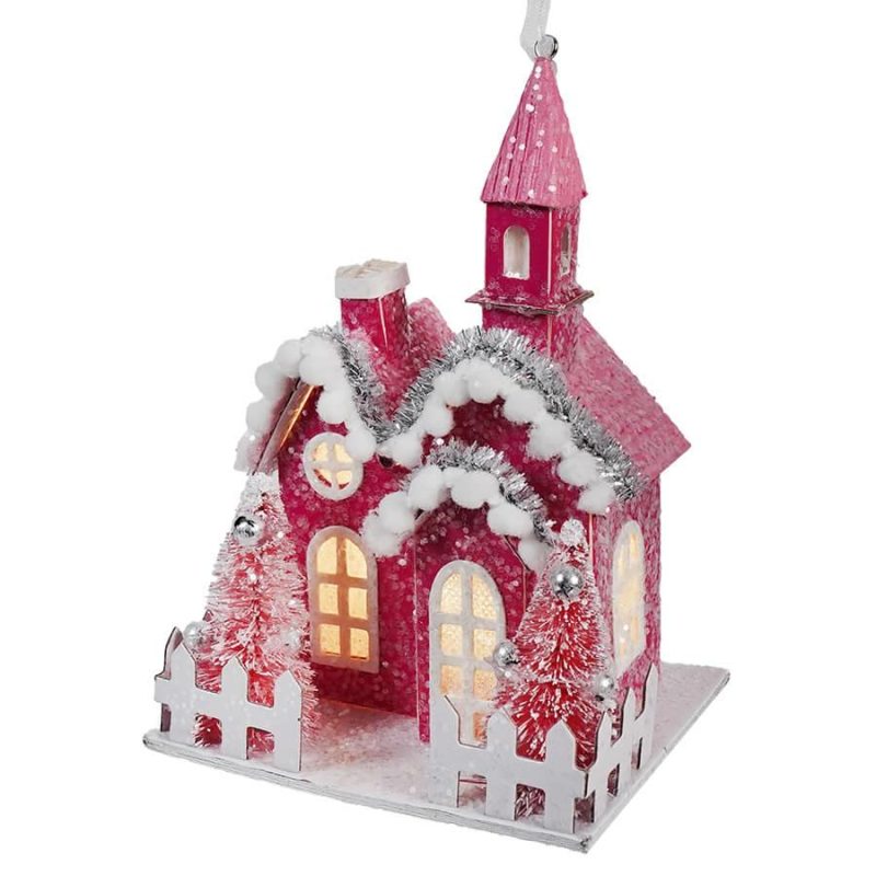 Lighted Pink Winter Village Church Ornament  |  Christmas