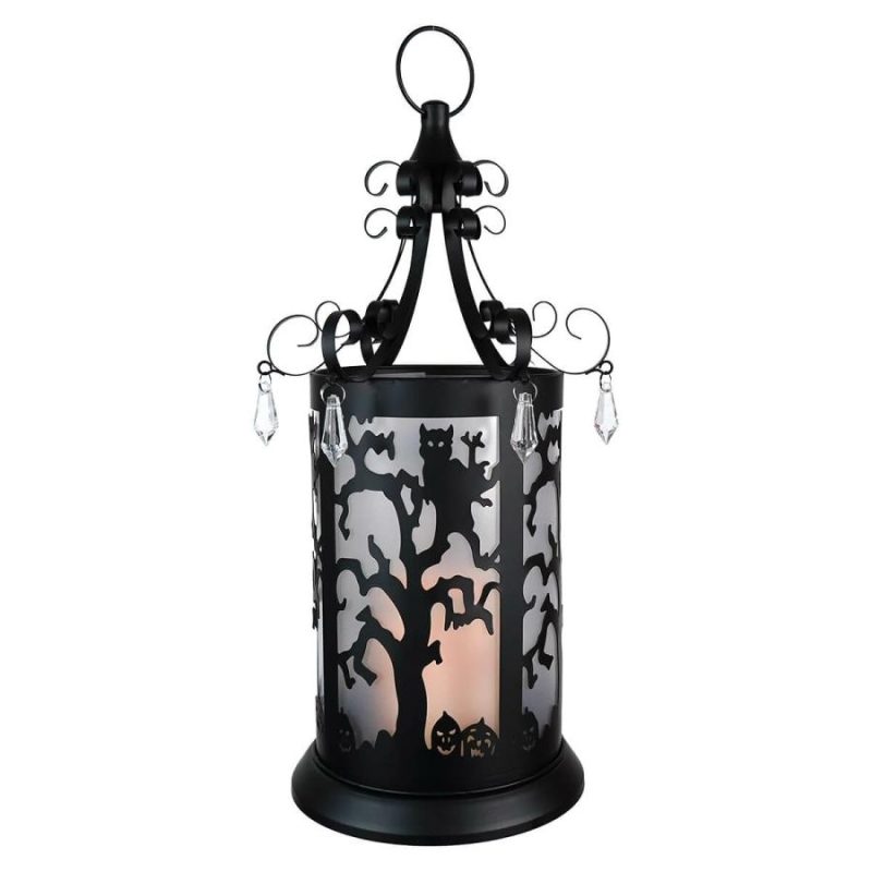 Orange Lighted Metal Halloween Haunted Tree Lantern With Led Candle  |  Halloween