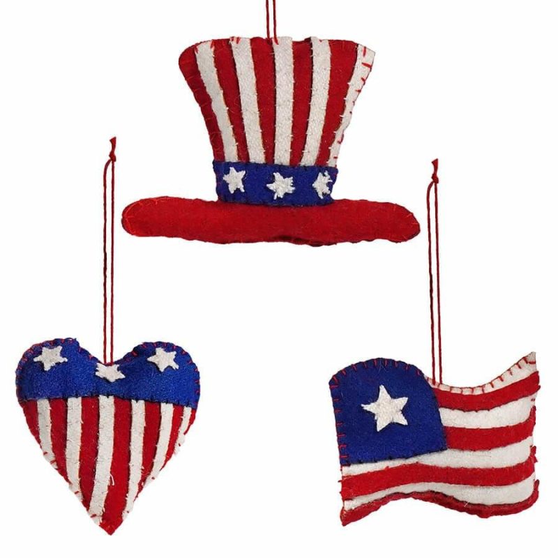 Patriotic Flag, Heart & Hat Ornaments Set/3  |  Patriotic