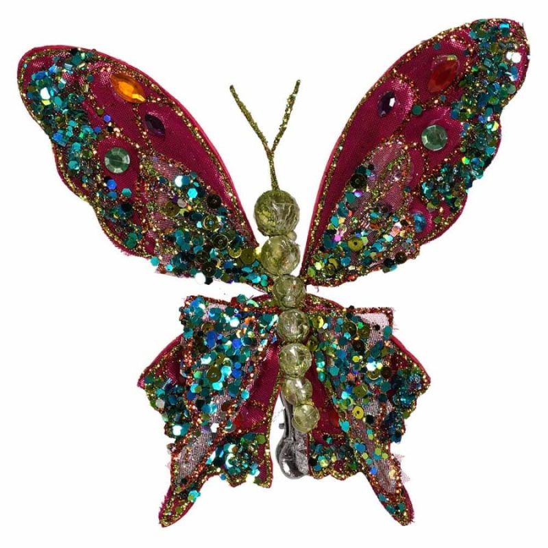 Pink & Green Multicolored Jeweled & Glittered Butterfly Clip Ornament  |  Easter