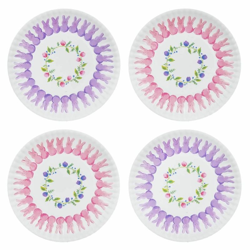 Pink & Purple Bunny Peeps Easter Melamine “Paper” Plate With Floral Pattern Set/4  |  Easter