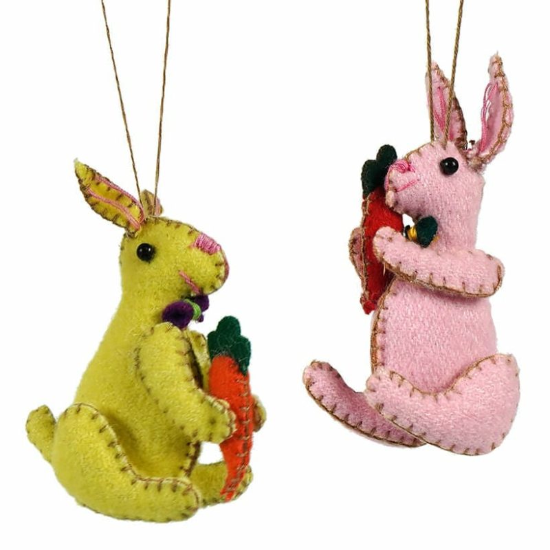 Pink & Yellow Bunny With Carrot Ornaments Set/2  |  Easter