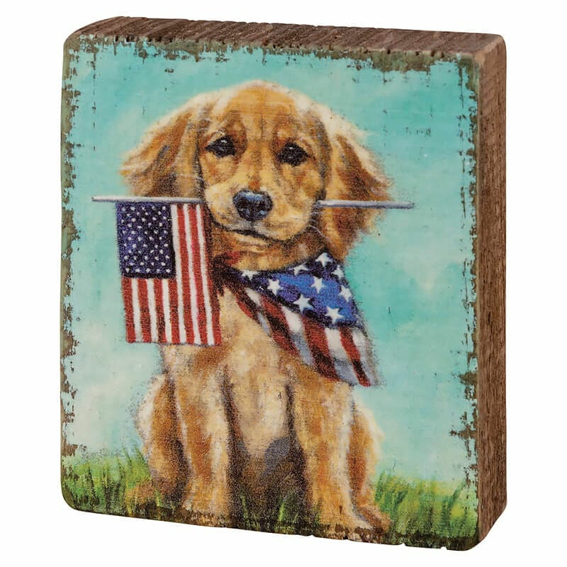 Puppy Flags Block Sign  |  Patriotic