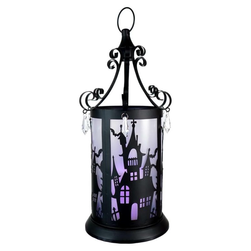 Purple Lighted Metal Halloween Haunted House Lantern With Led Candle  |  Halloween