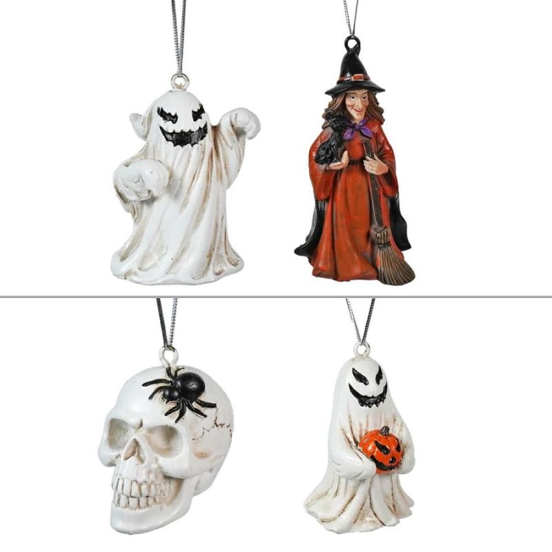 Resin Halloween Ghosts, Skull & Witch Ornaments Set/4  |  Halloween