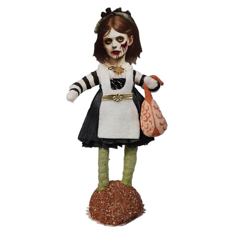 Spun Cotton Halloween Zombie Girl With Brain Figure  |  Halloween