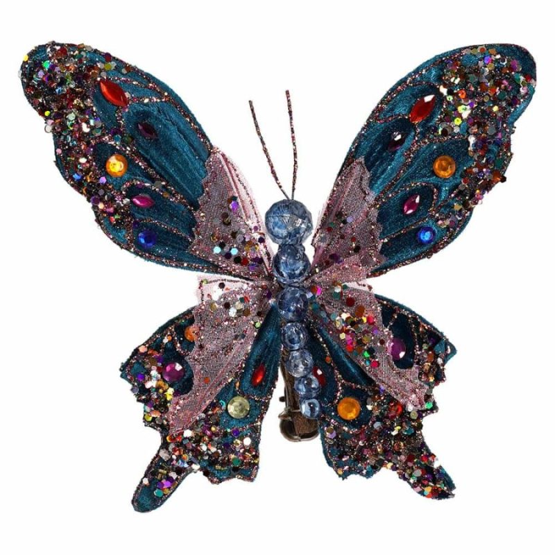 Teal & Blue Multicolored Jeweled & Glittered Butterfly Clip Ornament  |  Easter