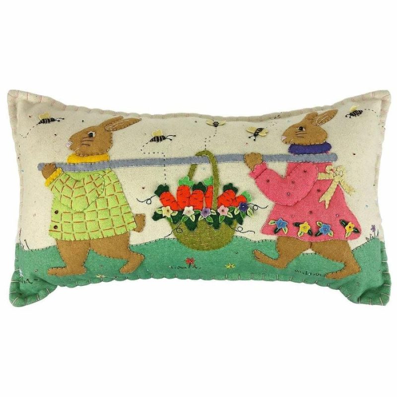 Two Bunnies With Carrot Basket Pillow  |  Easter