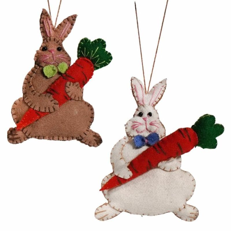 White & Brown Rabbits Holding Carrot Ornaments Set/2  |  Easter