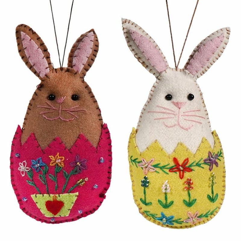 White & Brown Rabbits In Egg Shells Ornaments Set/2  |  Easter