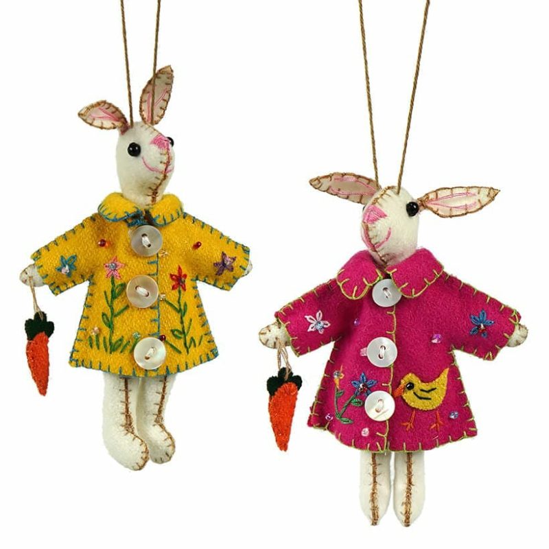 White Dressed Bunny With Carrot Ornaments Set/2  |  Easter