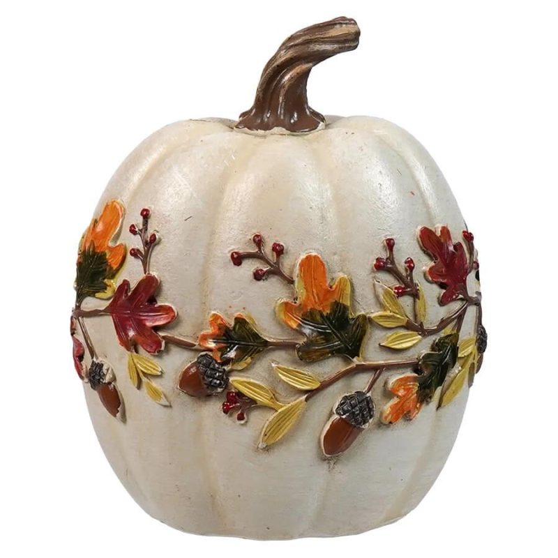 White Fall Leaf & Acorn Design  Resin Harvest Pumpkin  |  Thanksgiving