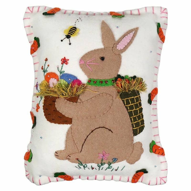 White Pillow With Brown Rabbit Holding Carrot  |  Easter