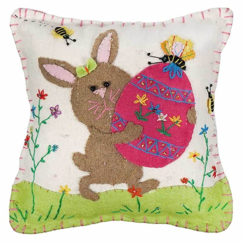 White Pillow With Brown Rabbit Holding Egg  |  Easter