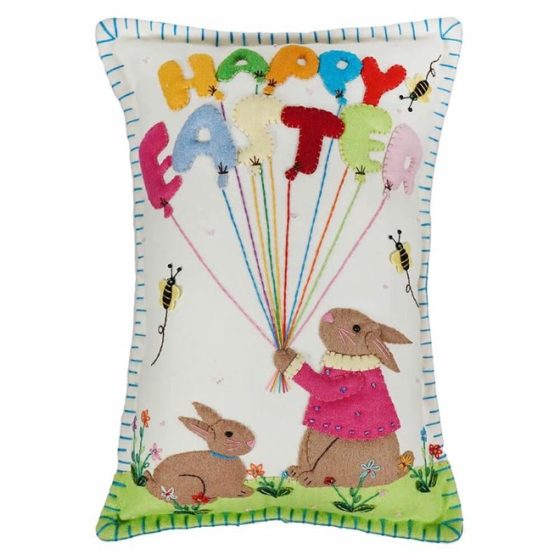 White Pillow With Rabbits Holding Happy Easter Balloon  |  Easter