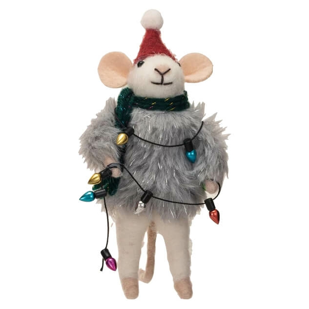 White Wool Felt Christmas Mouse With Faux Fur Sweater  |  Christmas