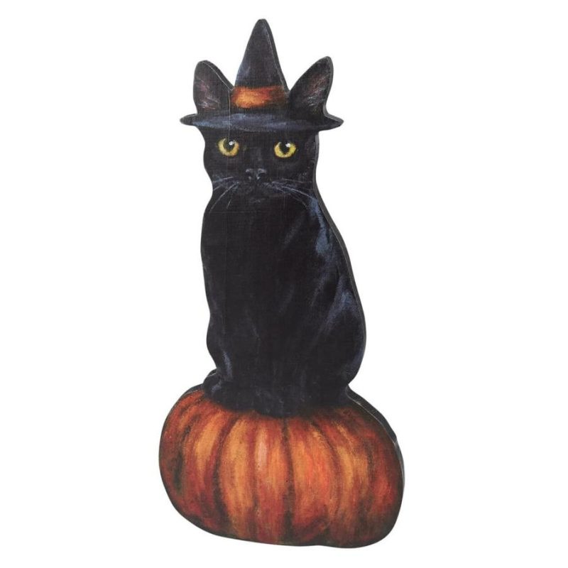 Witchy Black Cat Sitting On Pumpkin Porch Leaner & Hanger  |  Halloween