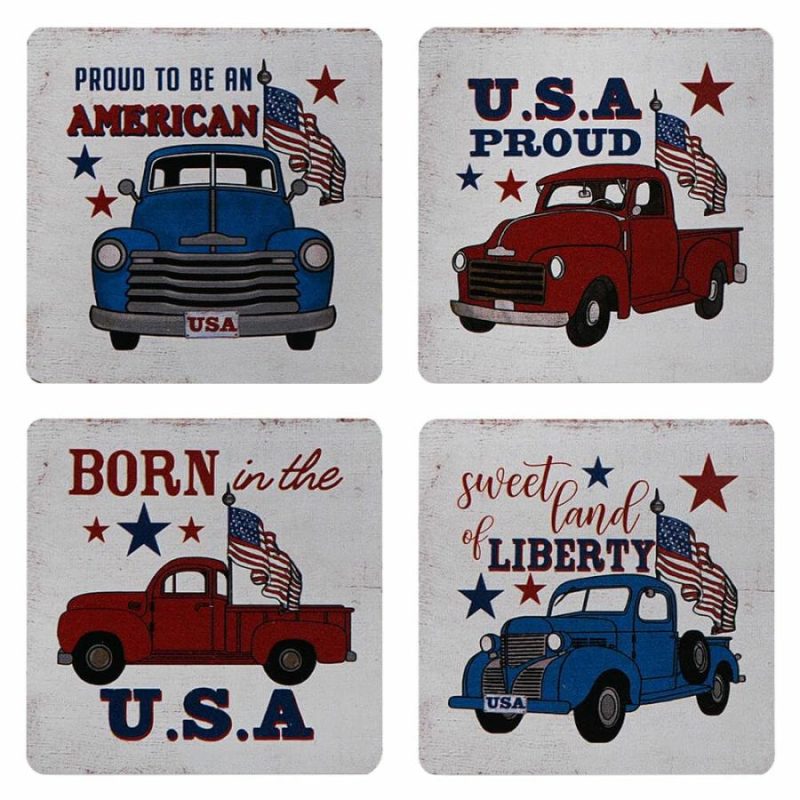 Wood Americana Truck Coasters In Wood Tray Set/4  |  Patriotic