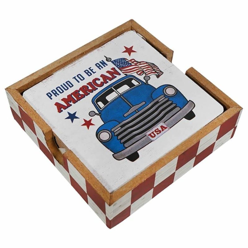 Wood Americana Truck Coasters In Wood Tray Set/4  |  Patriotic