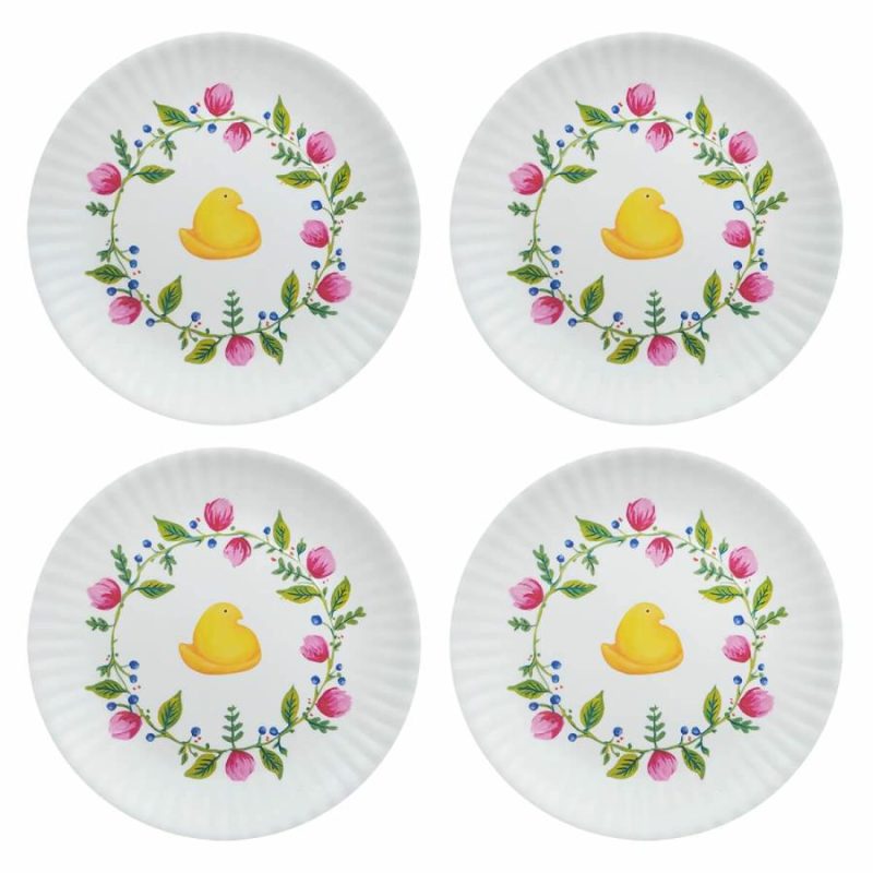 Yellow Chick Peeps Easter Melamine “Paper” Plate With Floral Pattern Set/4  |  Easter