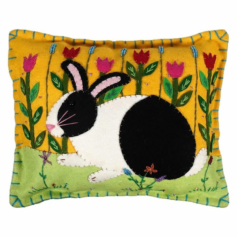 Yellow Pillow With Black & White Rabbit  |  Easter