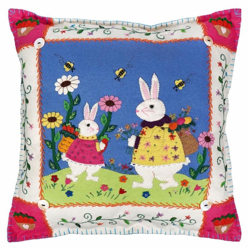 White-Edged Blue Pillow With Rabbits  |  Easter