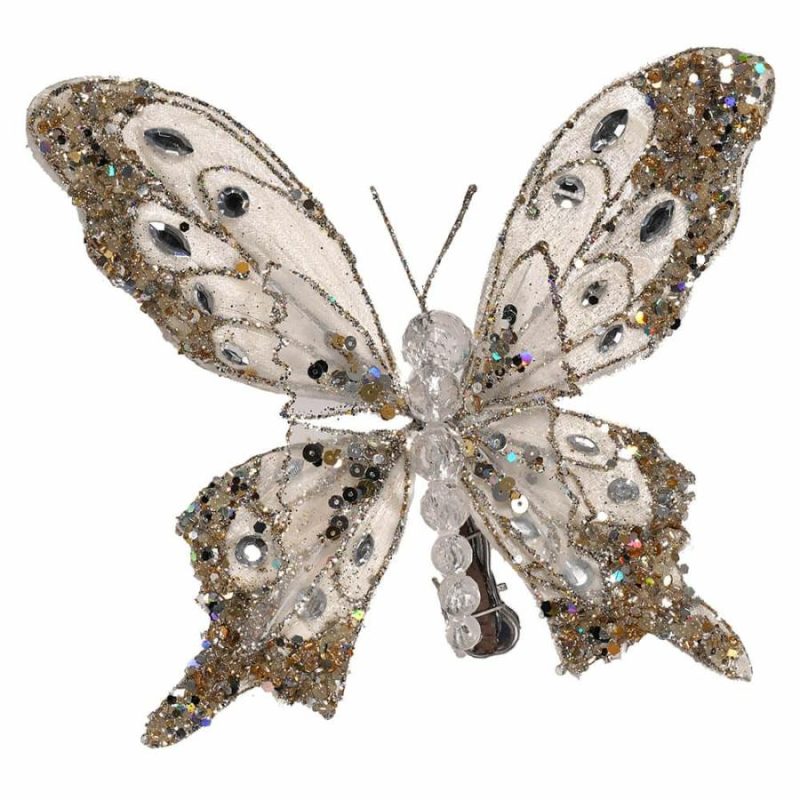 Platinum & Gold Glittered & Jeweled Butterfly Clip Ornament  |  Easter